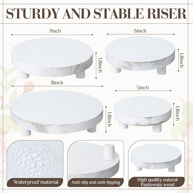 Geetery 4 Pcs Wooden Risers for Display Wood Pedestal Stand Mini Tray Stand Round Wooden Pedestal Holder Rustic Riser for Decor Tiered Tray Decor Home Kitchen, 5/6/7/8 Inch(White)