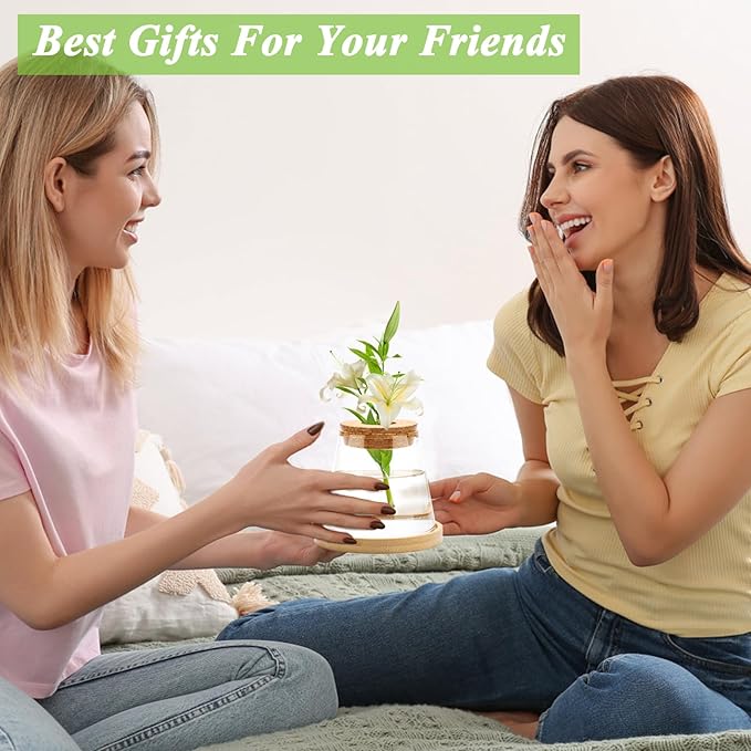 2 Pcs Plants Propagation Station, Separated Desktop Glass Planter Station Hydroponics Plant Terrarium with Wooden Tray & Lid Glass Vase Propagating Jars Gifts for Women Mom Plant Lovers
