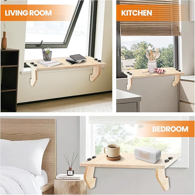 Wooden Window Plant Shelf Stands, 22" Sill Extender for Indoor Plants No Drilling, Renter Friendly Design，Easy Installation Without Damage