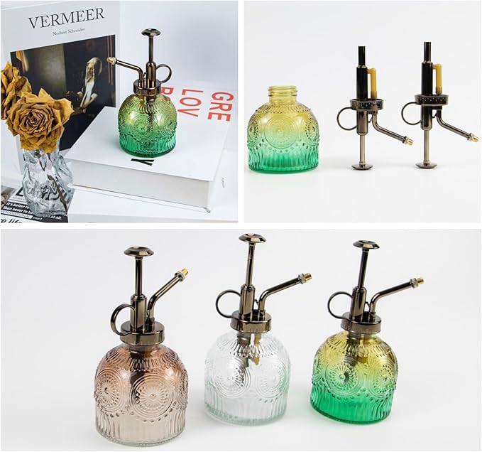 Glass Plant Mister Water Spray Bottle Small Watering Can for Indoor Plants Vintage Style Houseplant Gardening Tools for Succulent Flower (Brownish Green)