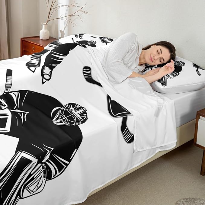 Feelyou Boys Ice Hockey Bedding Set for Kids Children Hockey Player Printed Bed Sheet Set Decorative Sports Event Bed Sheets Black White Winter Sports Sheets Set Full Size 4 Pcs