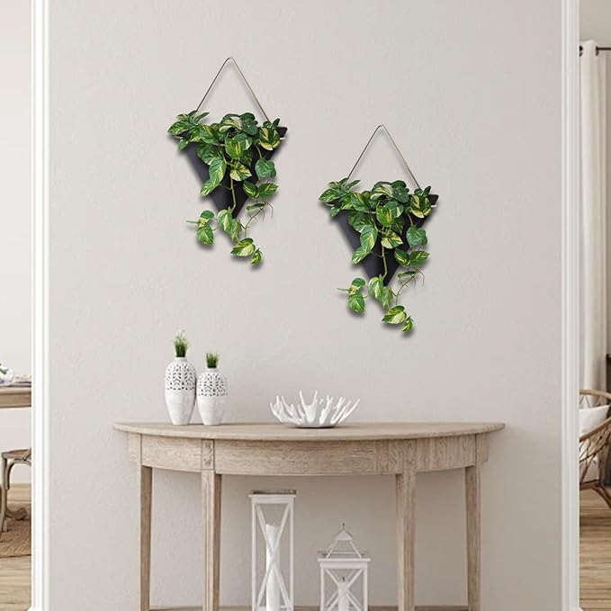 2Pcs Wall Planter for Indoor Plants, Ceramic Hanging Wall Planter with Metal Frame Geometric Decor for Air Plant Mini Cactus Faux Plants, Décor de pelouse
