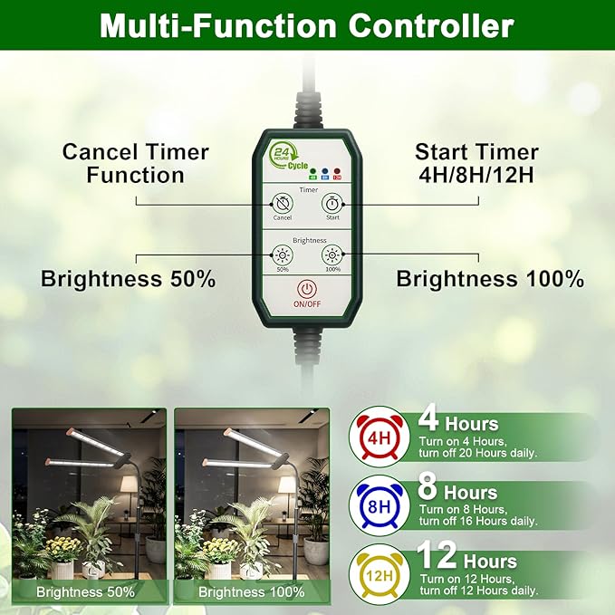 Grow Light for Indoor Plant, 6000K Full Spectrum Plant Lamp with Red Blue White LED for Pot Succulents Seed Growing, Light Strip Foldable & Height Extendable 9-25'', Auto Timer 4 8 12Hrs