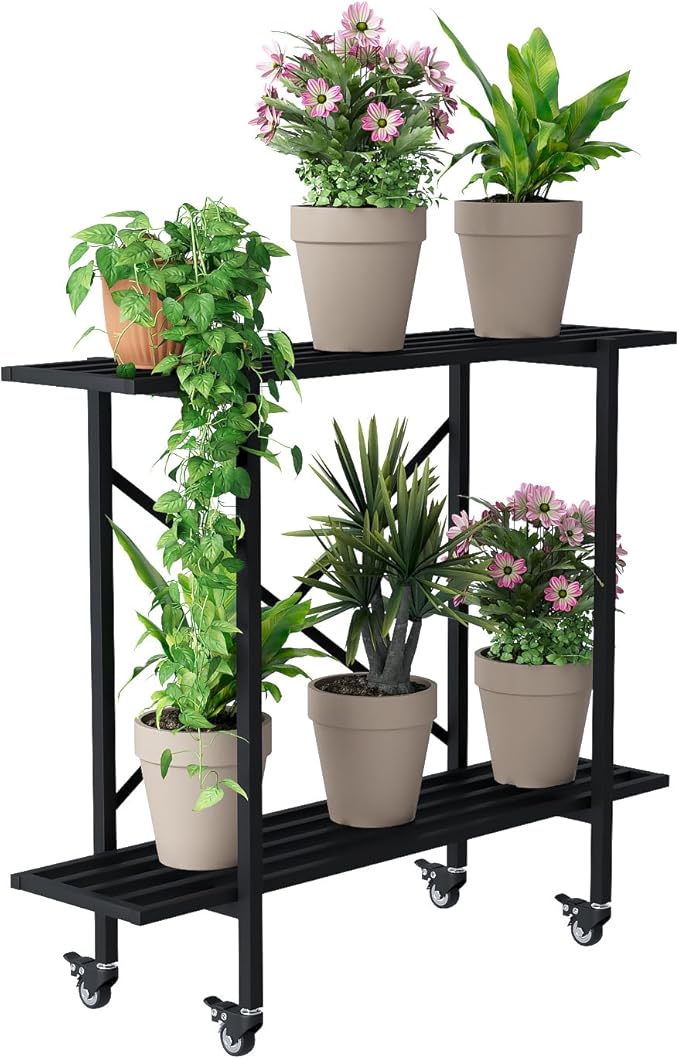 Zhongma 2 Tier Window Height Metal Sturdy Narrow Plant Stand with Wheels, Plant Stand Indoor and Outdoor, L35.43 x W10.3 x H29.9 inch, 440 LBS Capacity & Heavy Duty Construction.