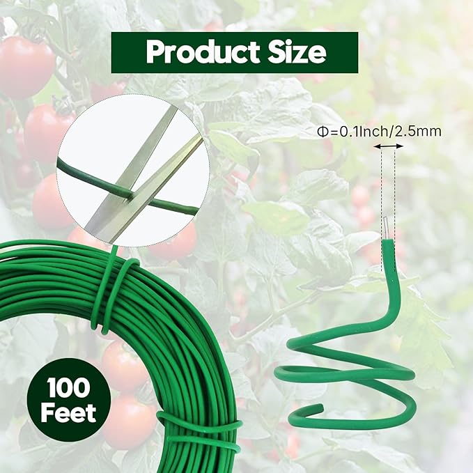 100FT Soft Plant Ties, 2.5mm Heavy Duty Rubber Coated Garden Twist Tie with Metal Core, Reusable Damage-Free Support for Tomatoes, Climbing Plants, Vegetables & Vines