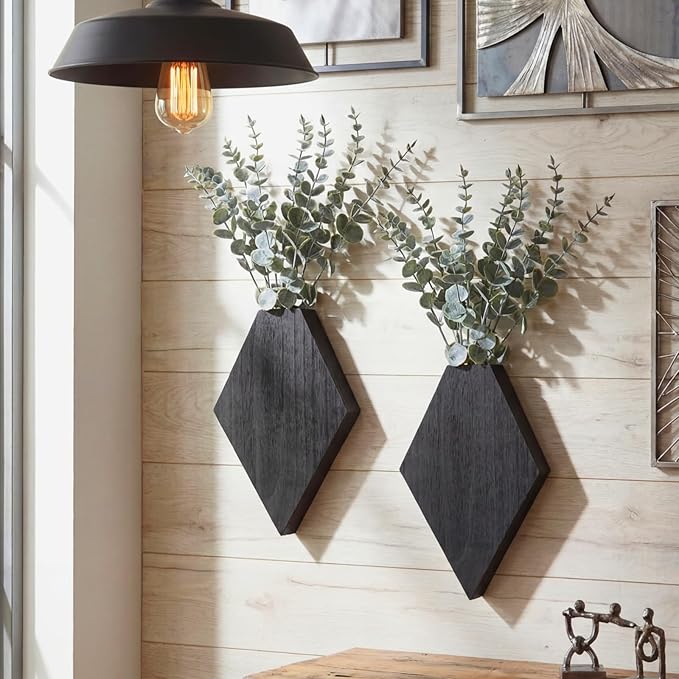Chunful 2 Pcs Wooden Wall Planter Decor Hanging Faux Plants Greenery Flowers Holder Vase Boxes for Wall Bohemian Farmhouse Room Kitchen Office Indoor Decoration (Black,9.8 x 6.6 x 1.2 Inches)