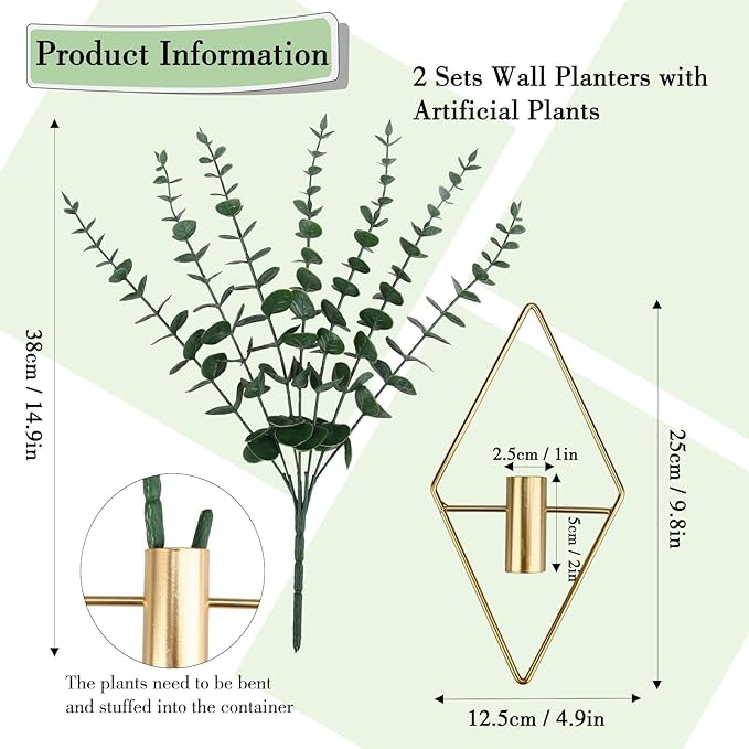 GREENTIME 2 Pack Hanging Plants Faux Eucalyptus with Gold Diamond Metal Hanging Vase for Teacher Appreciation Living Room Bedroom Boho Kitche Wall Shelf Outdoor
