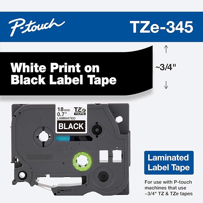 Brother Genuine P-Touch TZE-345 Tape, 3/4" (18 mm) Standard Laminated P-Touch Tape, White on Black, Laminated for Indoor or Outdoor Use, Water-Resistant, 26.2 ft (8 m), Single-Pack