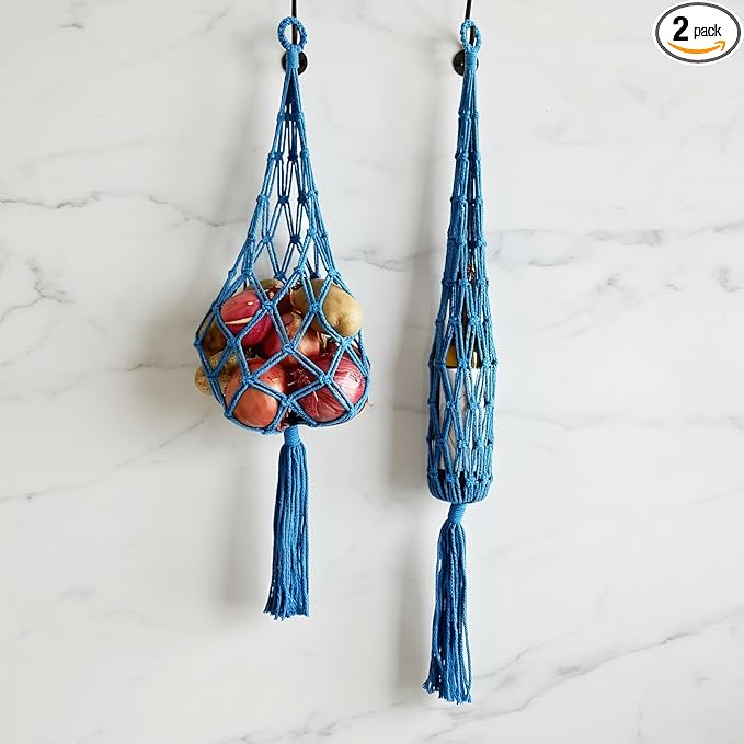 2 Packs Bohemian Macrame Hanging grocery bag, handmade storage breathable hanging bag for Onion/fruit/patato/tamato, Cotton Net Storage Holder, kitchen hanging organizer Blue