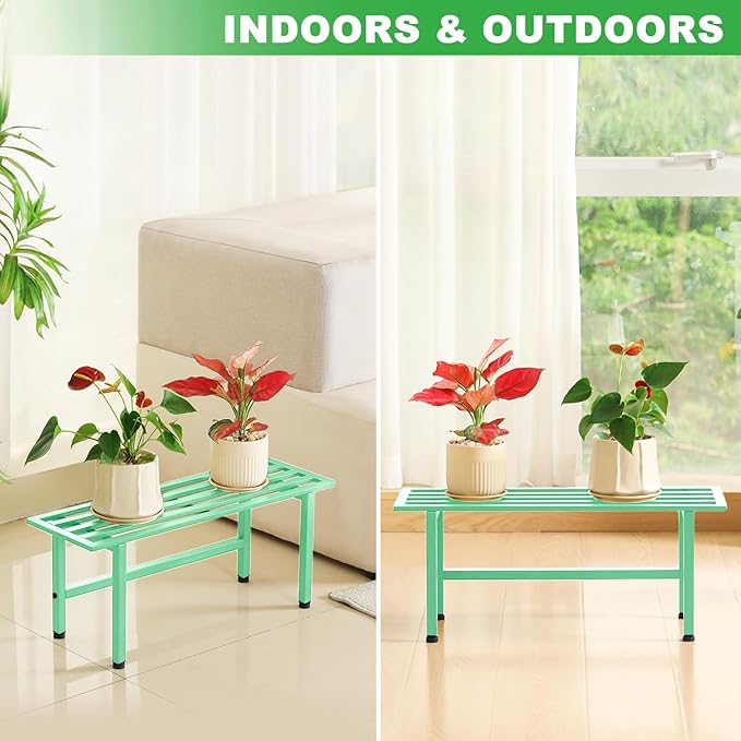 Dipion 2 Pack Metal Plant Stand Outdoor Plant Shelf Indoor,1 Tier Heavy Duty Plant Stands for Multiple Plants,26" L x 10.12" H x 8.75" W,Mint Green