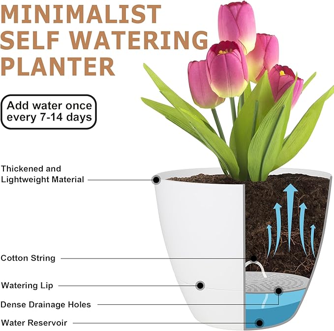 QRRICA Plant Pots 10/9/8/7.5/7 Inch Self Watering Pots, Set of 5 Plastic Planters with Drainage Holes and Saucers,Plastic Flower Pots,Nursery Planting Pot for Indoor Out Door Plants(Pure White)