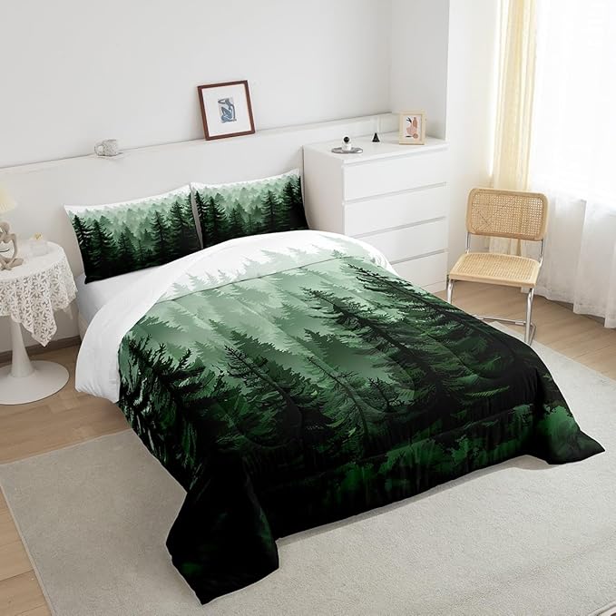 Feelyou Fog Forest Comforter Botanical Pine Trees Comforter Set for Boys Girls Children Watercolor Style Green Comforter Set Room Decor Twin Size Duvet Set 2Pcs