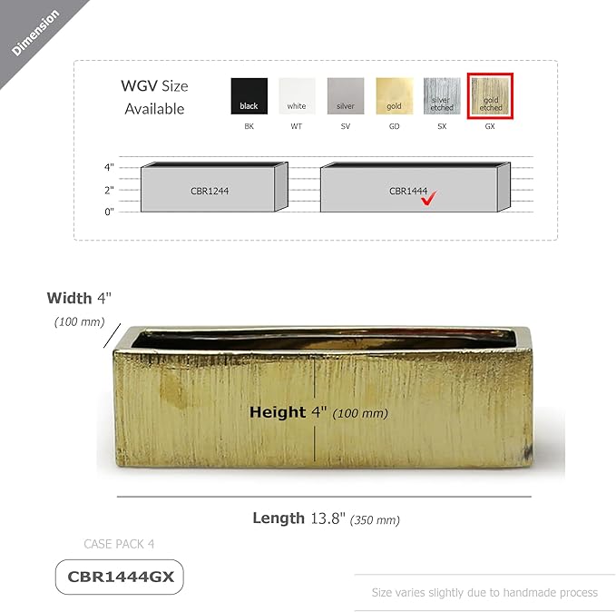 WGVI Long Rectangle Ceramic Planter Vase in Gold Etched 14" x 4" x 4"H, Rectangular Box Block Terrarium Pot, Flower Arrangement, Tabletop Centerpiece, Home Décor, Storage Container, 1 Pc.