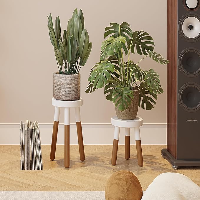 LitaEther 12" Reverse Dipped Wood Plant Stand, Wood Accent Stool,Side Table Set Bath Stool (20"+24" Tall)