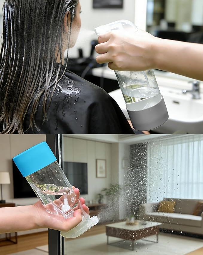 2 Pack 360° Glass Spray Bottles with Silicone Sleeve, 16 oz Empty Refillable Containers with Adjustable Spray Nozzles, Spray Bottles for Hair, Cleaning Solutions and Plants Grey&Blue