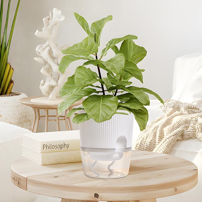 3 Pack - 5.5 Inch Self Watering Planter Pots for Indoor Plants - African Violet Pots with Wick Rope - White