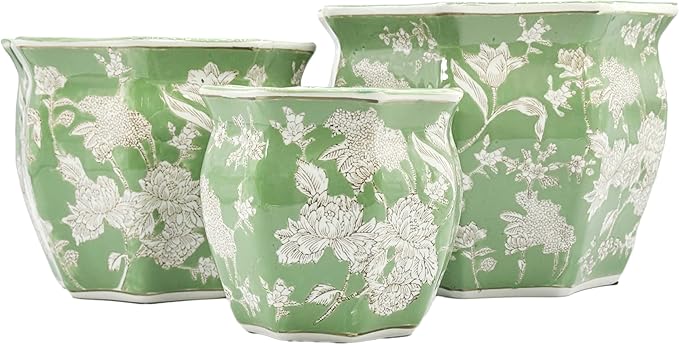 Galt International Green & White Round Fluted Floral Porcelain Ceramic Plant Flower Planter Pot Set of 3 (7.5", 10", 13") Garden Pots Chinese Asian Design