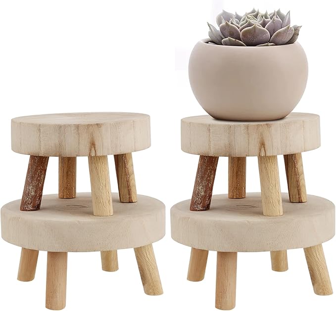 4 PCS Mini Wooden Stool Plant Stand, Small Plant Display Stool, Wood Plant Riser Stands, Round Wood Plant Holder for Indoor and Outdoor Home Decor, 2 Sizes