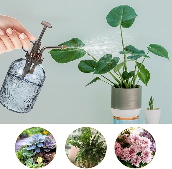 Yardwe Vintage Glass Plant Mister Spray Bottle, 350ml Indoor Watering can with Antique Bronze Pump, Small Garden Sprayer for Houseplants, Succulents, and Flowers (Copper)