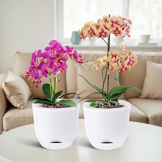 QCQHDU 2 Pack 7.2 Inch Orchid Pots with Holes for Repotting, Double-Layer and Self Watering Orchid Pot with Good Air Circulation
