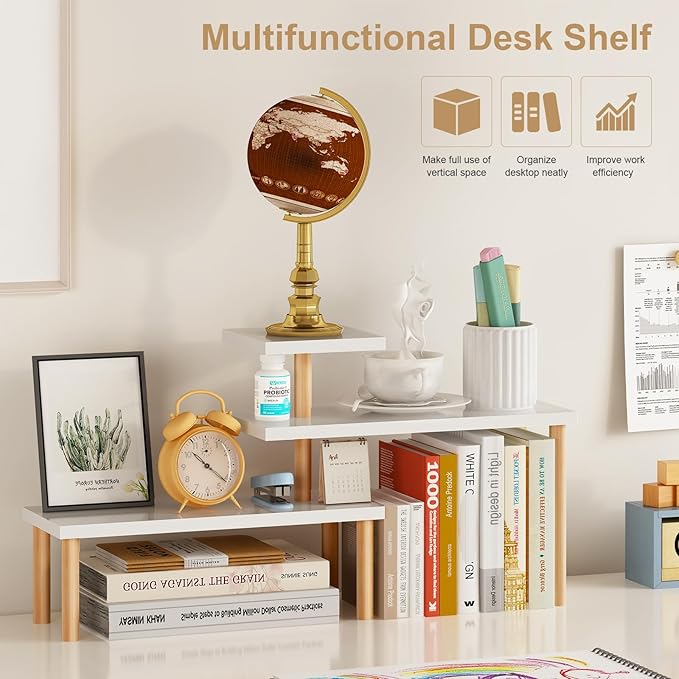 Small Plant Stand Shelf ,3 Tiers Wood Long Desktop Flower Pot Holder Racks for Window Sill,Table ,Countertop Organizer Display Stand Shelves (Angle Adjustable,White)