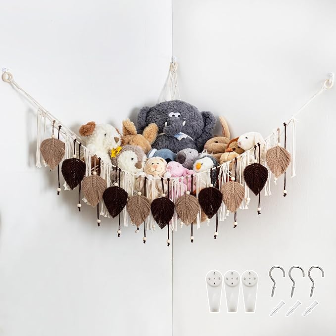 Pretty Jolly Macrame Stuffed Animal Hammock with Beads Hand Woven Leaf Tassels Corner Hanging Net Boho Plush Holder for Kid Room Nursery Decor Easy Install Organizer for Girls Gift(Brown)