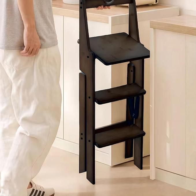 Foldable Wooden 3 Step Ladder and Stool Chair 2 in 1 (Black)