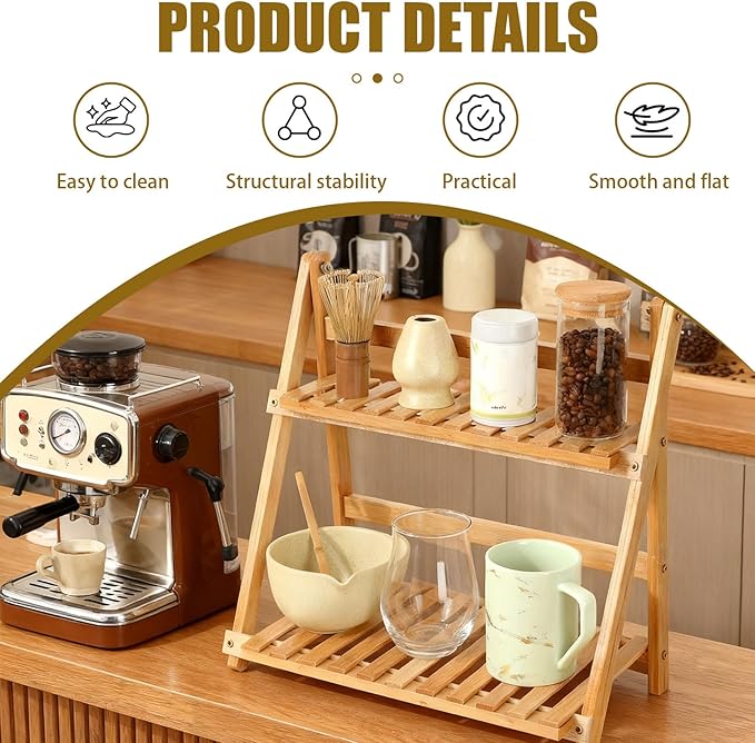 Coffee Station Organizer:2 Tier Foldable Bamboo Matcha Station Organizer Shelf,15.8" Countertop Display Rack for Coffee Bar. Desktop Flower Pot Rack for Kitchen,Window Sill,Living Room