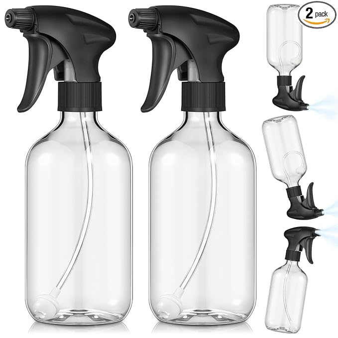 Baderke 2 Pcs Spray Bottle, 16 oz Plastic Spray Bottles for Cleaning 360° Upside Down Sprayer Bottles for Cleaning Solutions, Durable Nozzle W/fine Mist and Stream Setting(Clear)