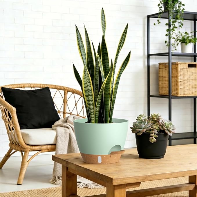Self Watering Pots with Drainage Holes, 3 Pack 12/10/8 Inch Plant Pots with Water Level Indicator Deep Reservoir, Large Plastic Planter for Indoor Outdoor Plants - Green Brown