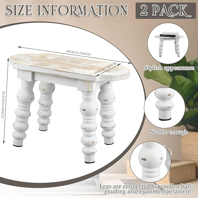 Reallnaive 2 Pack Wooden Bathroom Foot Stool Vintage Farmhouse Style Decorative Wooden Stool Stand Small Plant Stools for Adults Kitchen Bedroom Nightstand or Living Room Accent Table