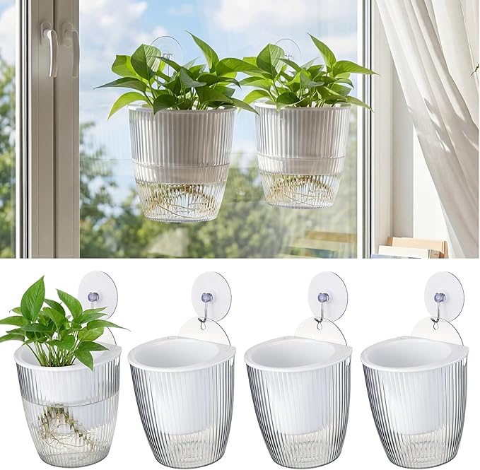 Hushee 4 Set Window Hanging Propagation Stations with Suction Cups Plastic Propagation Vases Propagated Plant Holder Wall Pots for Indoor Plants Office Home Garden Decoration Lover Gift (Clear)