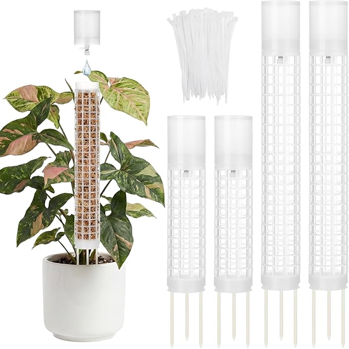 4 Pack Self-Watering Plastic Moss Stake for Monstera Plant Support Multi-Size Stackable and Refillable Plastic Moss Stakes for Climbing Plants with Large Mesh Design