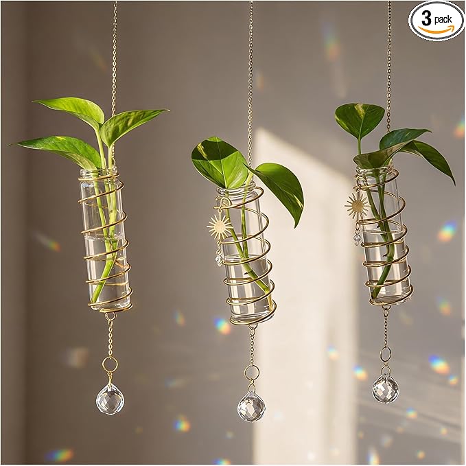 3 Pack Hanging Propagation Station with Crystal Sunshine Catcher Glass Window Propagation Tubes Vases with Gold Metal Chain for Indoor Hydroponics Plants Home Decor