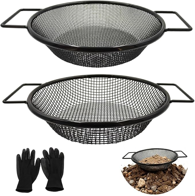 Black Dirt Soil Sifter for Gardening - 2Pcs Multi Mesh Size Set (1/8",1/4") Heavy Duty Garden Sieve with Dual Handles, Ideal for 5 Gallon Bucket Compost, Dirt, Sand, Gravel, Rocks & Sawdust Sifter
