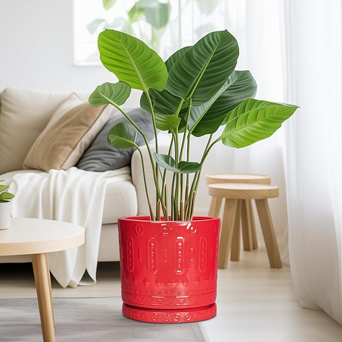Eightpot 10 Inch Plant Pot, Ceramic Pots for Plants for Indoor Outdoor Plants, Round Planter with Drainage Hole and Tray, Boho Decorative Flower Pots, Front Porch Decor, Gifts for Plant Lovers, Red