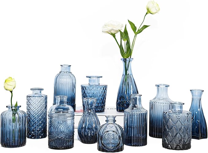 TBWIND 12Pcs Blue Glass Bud Vases Set, Small Vases for Flowers, Perfect for Centerpieces at Parties, Baby Showers, Weddings, Events, Graduation Season, Great Gifts for Office & Home Décor