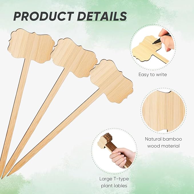 Jingmore 50 Pcs Bamboo Garden Markers Plant Labels 8 Inch Extra Long Plant Tags for Seedlings with Pen T-Type Tags Waterproof Nursery Garden Signs for Outdoor Flower Herb Potted