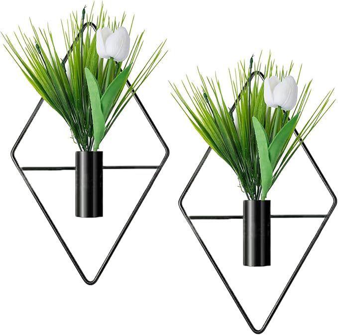 REDANHA 2 Pieces Diamond Shape Hanging Planters with Artificial Plants Metal Hanging Vase Indoor Plants Geometric Wall Decor for Bedroom Living Room Office(Black)