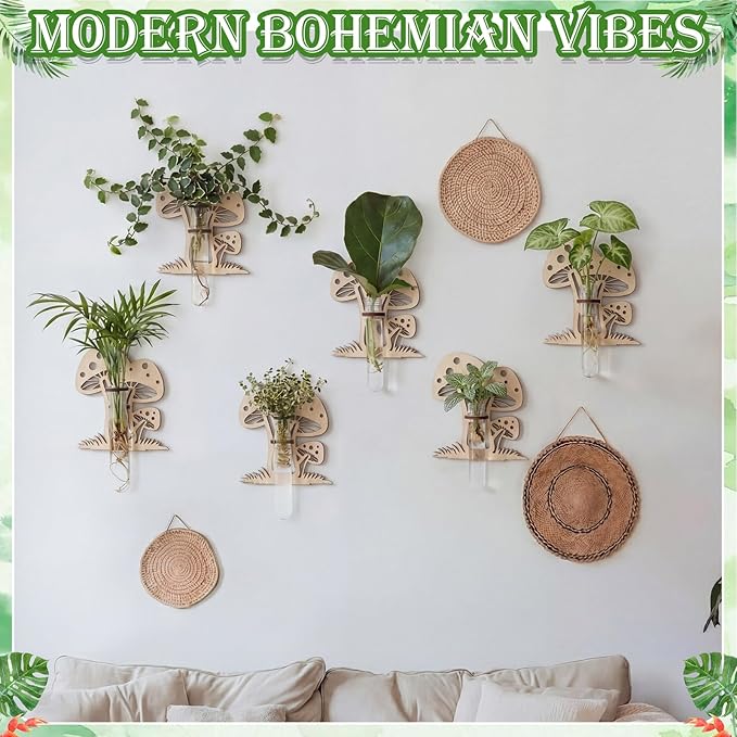 Set of 6 Mushroom Propagation Stations, Hanging Propagation Station and Wall Planters for Indoor Plants Wooden Hanging Planter, Boho Wall Decor Cute Indoor Small Plant Holder Gifts for Women