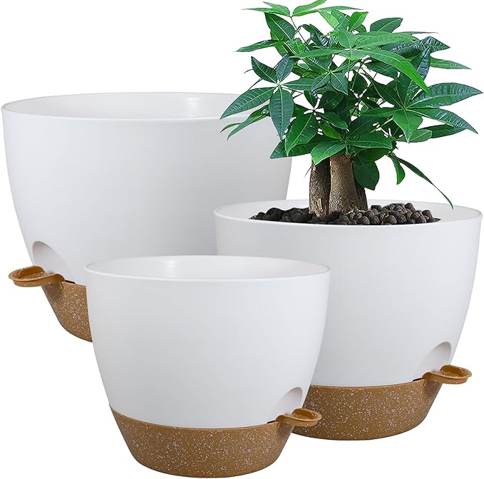 UOUZ Large Self Watering Pots, 12/10/9 Plastic Planters with High Drainage Holes and Deep Reservoir for Indoor Outdoor Garden Plants and Flowers, White with Brown