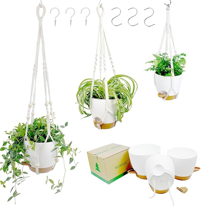 Hanging Planters with Macrame Plant Hangers for Indoor Outdoor Plants, 3 Set Hanging Baskets Flower Pots Holders 35''/27''/21'', Self-Watering Pots 7''/6''/5.5'', Boho Home Decor, White