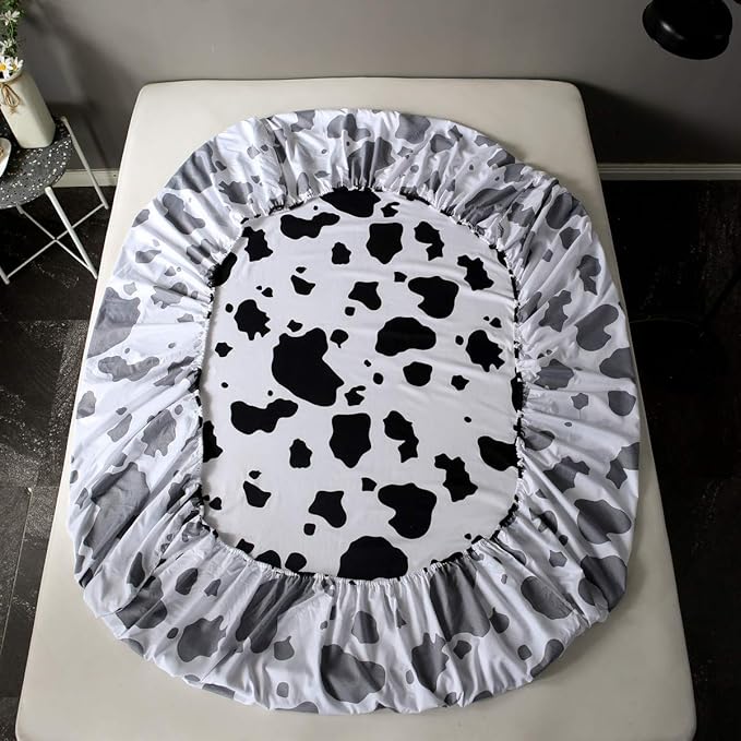 Kids Cute Cow Bed Sheet Set with 2 Pillowcase 1 Fitted Sheet 1 Flat Sheet Queen Size Children Cartoon Milk Cow Animal Bedding Set for Boys Girls Bedroom Decor Lovely Black White Bed Cover Microfiber