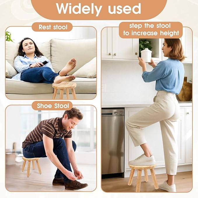 Natural Solid Wood Step Stool 9 Inch Short Sit Chair Portable Round Small Four Legged Wooden Sitting Stool for Adults Bathroom Classroom Bedroom Kitchen Plant Stand Decor, Detachable