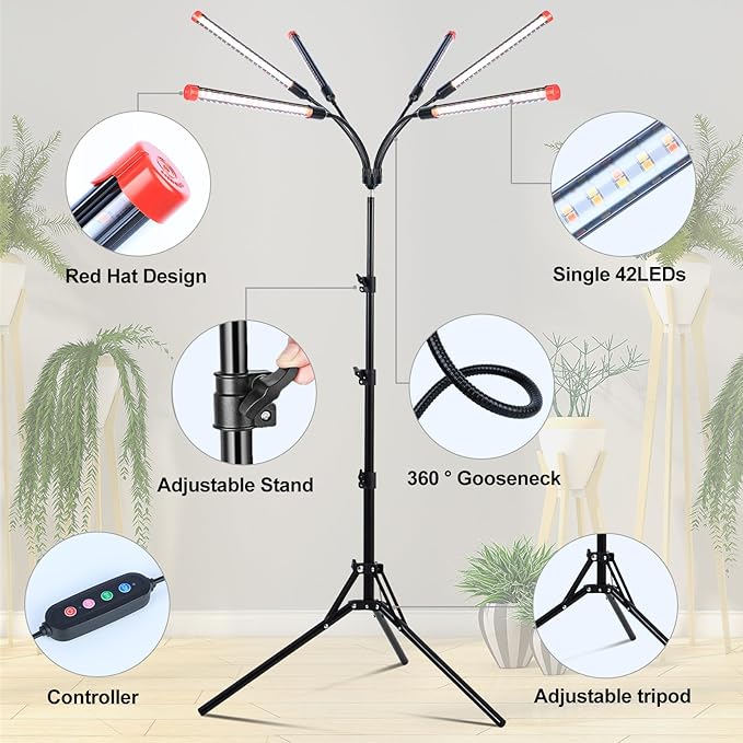 FRGROW 6Head Grow Light with Stand for Tall and Large Indoor Plants, Bonsai Tree, Big Coverage and Bright Plant Growing Lamps, 4/8/12/16/20H Timer, 54 Watt Power Draw, NO Need Adapter, 360° Gooseneck