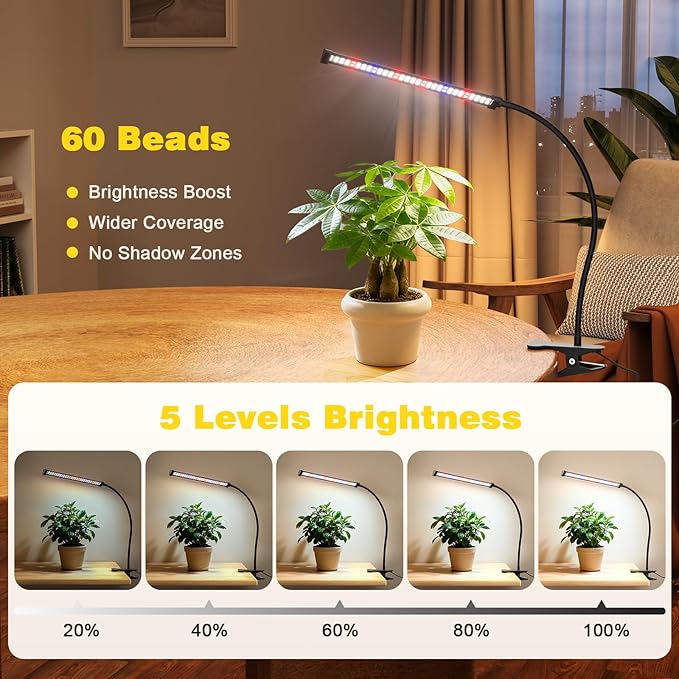 LED Grow Light, 5700K Full Spectrum Clip Plant Growing Lamp with White Red LEDs for Indoor Plants, 5-Levels Dimmable, Auto On Off Timing 4/8/12/18Hrs(Single Head)