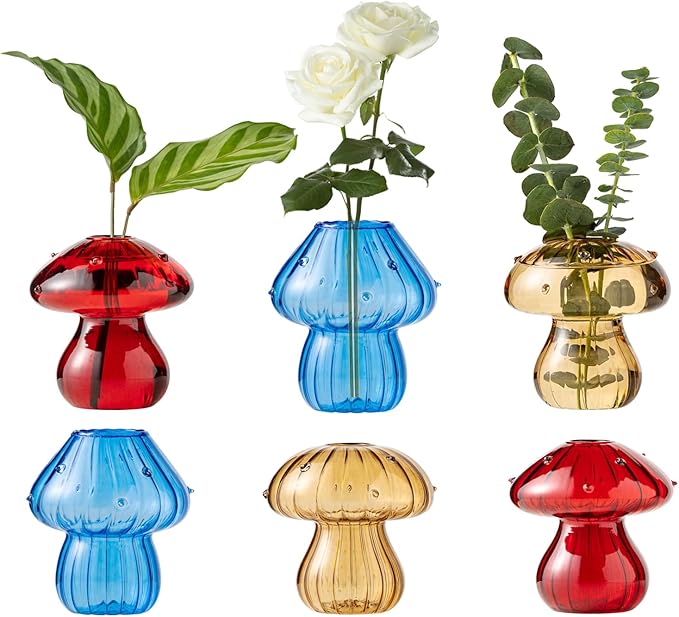 Mushroom Vases, Set of 6 Colored Plant Propagation Station, Mushroom Propagation Vase, Mini Terrarium for Plants, Cute Glass Hydroponic Vase for Flowers, Gifts for Women, Plant Lover(6)