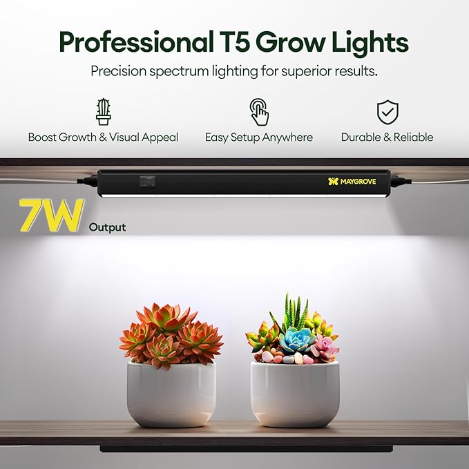 Maygrove T5 Grow Lights for Indoor Plants 1FT, Blue-Rich Full Spectrum 5000K Grow Light, 28W(4 x 7W), Grow Light Strips for Seed Starting, Greenhouse, High PPFD, Linkable, Black, 4-Pack
