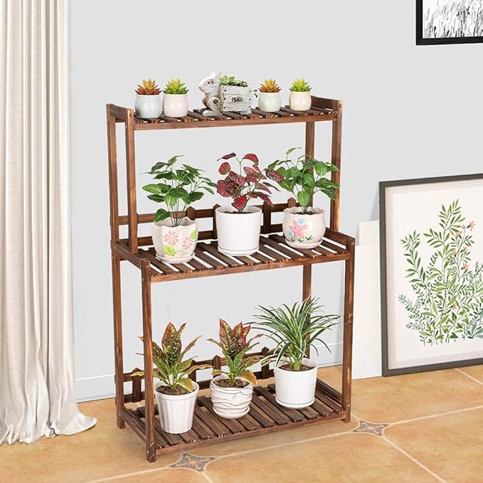 Ufine 3 Tier Wood Plant Stand Vertical Plant Display Shelf Indoor Ourdoor Plant Rack, Balcony Living Room, Kitchen, Porch Organizer Plants Holder