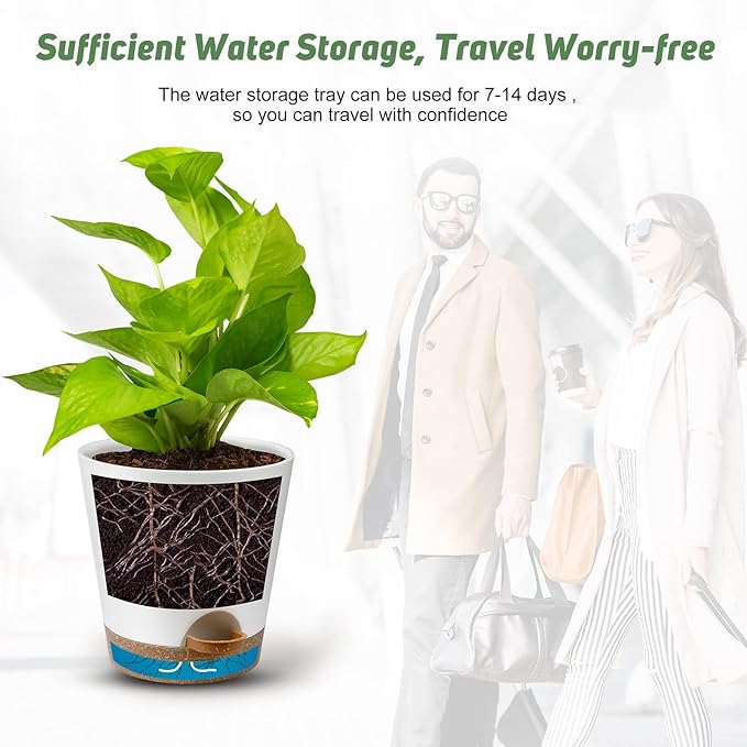 YNNICO Indoor Self Watering Planters with Drainage Holes and Saucers, 8, 7, 6.5, 6, 5.5, 5 Inches, White, 6 Pots